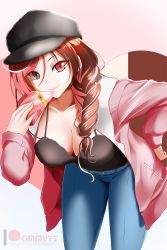 Rule 34 | 1girl, artist name, bent over, black hat, black shirt, blue pants, box, braid, breasts, brown eyes, brown hair, cleavage, closed mouth, collarbone, denim, female focus, gift, hair tie, hand on own hip, hand up, happy, hat, heart, heterochromia, highres, holding, jacket, jeans, kimmy77, large breasts, long hair, long sleeves, looking at viewer, multicolored hair, neo politan, pants, patreon logo, patreon username, pink eyes, pink hair, pink jacket, ribbon, rwby, shiny skin, shirt, simple background, single braid, sleeveless, sleeveless shirt, smile, solo, spaghetti strap, standing, two-tone hair, watermark, web address, yellow ribbon