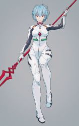 Rule 34 | 1girl, absurdres, ayanami rei, bident, blue hair, bodysuit, commentary, full body, hajikkoneko, highres, holding, interface headset, lance of longinus (evangelion), looking at viewer, multicolored bodysuit, multicolored clothes, neon genesis evangelion, pilot suit, plugsuit, polearm, red eyes, short hair, solo, symbol-only commentary, weapon, white bodysuit