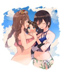 3girls :d :o back bare_shoulders bikini black_hair blue_bikini blue_eyes blue_sky braid breasts brown_eyes brown_hair cleavage cloud commentary_request cowboy_shot day earrings closed_eyes eyewear_on_head flower hair_between_eyes hair_flower hair_ornament hanetsuka highres hoop_earrings idolmaster idolmaster_shiny_colors jewelry large_breasts long_hair looking_at_another low_tied_hair low_twin_braids mitsumine_yuika multiple_girls navel open_mouth pink_one-piece_swimsuit sarong shirase_sakuya sky smile stomach sweatdrop swimsuit tsukioka_kogane twin_braids