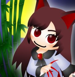 Rule 34 | 1girl, animal ears, bamboo, bamboo forest, brown hair, claws, collared dress, dress, fingernails, forest, full moon, imaizumi kagerou, kouki ht, long fingernails, looking at viewer, moon, moonlight, nail polish, nature, red eyes, red nails, solo, touhou, wolf ears