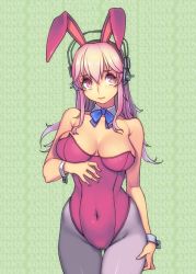 Rule 34 | 1girl, animal ears, bare shoulders, breasts, covered navel, cowboy shot, detached collar, fake animal ears, fingernails, green background, grey pantyhose, headphones, large breasts, leotard, long fingernails, nitroplus, pantyhose, pink eyes, pink hair, playboy bunny, rabbit ears, revision, sidelocks, solo, super sonico, thigh gap, wrist cuffs, yuksi