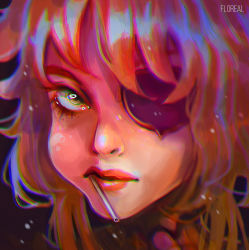 Rule 34 | 1girl, artist name, blonde hair, candy, colored eyepatch, eyeliner, eyepatch, fischl (genshin impact), flo-oreal, food, genshin impact, green eyes, hair between eyes, highres, lips, lollipop, looking at viewer, makeup, mouth hold, portrait, realistic, shiny skin, solo, tsurime