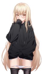 Rule 34 | 1girl, absurdres, artist request, black hoodie, black pantyhose, blonde hair, clothes pull, covering own mouth, drawstring, embarrassed, girls&#039; frontline, gluteal fold, hand over own mouth, highres, hood, hood down, hoodie, long hair, looking at viewer, panties, panties around thighs, panty pull, pantyhose, pantyhose pull, round eyewear, shy, sleeves past wrists, solo, standing, thighs, type 80 (girls&#039; frontline), underwear, very long hair, white panties, yellow eyes