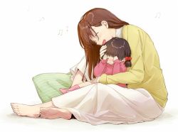 Rule 34 | 2girls, age difference, barefoot, beamed quavers, blush, bow, brown hair, child, closed eyes, closed mouth, comforting, commentary request, crying, feet, full body, hair bow, hand on another&#039;s head, jacket, kawai makoto, long hair, long sleeves, mature female, mother and daughter, multiple girls, music, musical note, open mouth, original, pillow, pink jacket, pink legwear, quaver, red bow, shirt, short hair, short twintails, simple background, singing, sitting, skirt, sleeves past wrists, socks, tears, twintails, white background, white skirt, wiping tears, yellow shirt