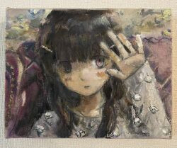 Rule 34 | 1girl, black hair, closed mouth, grey sweater, hair ornament, hairclip, hand up, highres, light blush, long hair, long sleeves, looking at viewer, oil painting (medium), original, painting (medium), photo (medium), pink eyes, portrait, solo, sweater, traditional media, zuz zzzzu