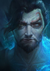 Rule 34 | 1boy, absurdres, beard, black hair, blue background, blue fire, closed mouth, collarbone, commentary, dark, demon hanzo, embers, english commentary, eye focus, eyebrows, facial hair, facial tattoo, fire, furrowed brow, hanzo (overwatch), heterochromia, highres, joo yann ang, lips, male focus, nose, overwatch, overwatch 1, short hair, solo, tattoo, upper body, widow&#039;s peak