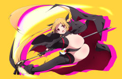 Rule 34 | 1girl, absurdres, ass, bardiche (nanoha), black leotard, black thighhighs, blonde hair, boots, cape, commentary request, fate testarossa, from behind, full body, hair ribbon, highres, leotard, long hair, looking at viewer, looking back, lyrical nanoha, magical girl, mahou shoujo lyrical nanoha, midair, nekokan-nekokan, open mouth, red eyes, ribbon, scythe, shiny skin, solo, thighhighs, twintails, very long hair, weapon, yellow background