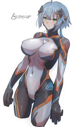 Rule 34 | 1girl, absurdres, blue hair, bodysuit, breasts, covered erect nipples, highres, large breasts, natsukaze shigure, original, short hair, simple background, skin tight, thighs