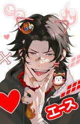 Rule 34 | 1boy, acenisang0101, bead necklace, beads, bishounen, black eyes, black hair, black hoodie, fire, freckles, grey eyes, highres, hood, hoodie, jewelry, male focus, necklace, one piece, portgas d. ace, smile, solo, tongue, tongue out