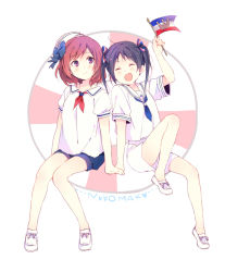 Rule 34 | 10s, 2girls, :d, bad id, bad pixiv id, black hair, blush, bow, character name, closed eyes, crown, flag, frown, full body, hair bow, hat, heart, holding, holding hands, innertube, loafers, love live!, love live! school idol project, miniature flag, multiple girls, neckerchief, nishikino maki, open mouth, ousaka nozomi, purple eyes, red hair, sailor collar, sailor hat, shirt, shoes, short hair, short sleeves, short twintails, shorts, simple background, sitting, smile, swim ring, twintails, white background, yazawa nico