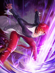 Rule 34 | arms up, choker, cropped jacket, dark persona, fire, grin, hair over one eye, highres, hunched over, male focus, official art, orochi iori, pants, possessed, purple fire, pyrokinesis, red hair, red pants, shirt, smile, snk, solo, the king of fighters, the king of fighters all-stars, white shirt, yagami iori, yellow eyes