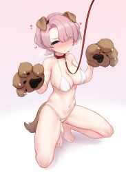 Rule 34 | 1girl, absurdres, animal ears, animal hands, arimura mao, bare shoulders, barefoot, bikini, blush, breasts, breath, cameltoe, closed mouth, embarrassed, fake animal ears, full body, gakuen idolmaster, gloves, gradient background, greenteamousou, hair ornament, hair over one eye, heart, heavy breathing, highres, idolmaster, looking at viewer, medium breasts, navel, nose blush, paw gloves, purple eyes, simple background, solo, squatting, stomach, swimsuit, thighs, white background, white bikini