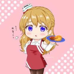 Rule 34 | 1girl, alternate costume, apron, black pantyhose, blue eyes, chibi, collared shirt, commentary request, dress shirt, feet out of frame, food, hat, highres, kantai collection, kisa nal, light brown hair, pantyhose, pink background, plate, puff of air, red apron, shirt, solo, tilted headwear, translation request, white hat, white shirt, zara (kancolle)
