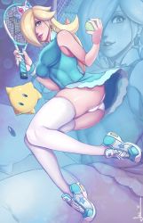 Rule 34 | 1girl, ass, ball, bare shoulders, blonde hair, blue dress, blue eyes, breasts, crown, dress, earrings, full body, hair over one eye, highres, its just suppi, jewelry, lips, long hair, luma (mario), mario (series), mario tennis, mario tennis aces, medium breasts, nail polish, nintendo, open mouth, panties, racket, rosalina, shoes, skin tight, smile, sneakers, star (symbol), star earrings, sweatband, teeth, tennis ball, tennis racket, thighhighs, underwear, upper teeth only, upskirt, white panties, white thighhighs, zoom layer