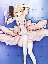Rule 34 | 1girl, ahoge, arm up, artoria pendragon (all), artoria pendragon (fate), blacklegendzz, blush, breasts, checkered background, cleavage, detached collar, detached sleeves, fate/grand order, fate (series), gloves, green eyes, highres, lying, medium breasts, on back, saber (fate), saber lily, solo, thighhighs, white thighhighs