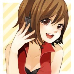 Rule 34 | 1girl, bare shoulders, breasts, brown eyes, brown hair, cleavage, female focus, headphones, headset, meiko (vocaloid), open mouth, short hair, small breasts, smile, solo, tama (songe), vocaloid