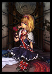 Rule 34 | 1girl, alice margatroid, blonde hair, book, chain, clock, female focus, flower, grandfather clock, hairband, highres, klamp, open clothes, open shirt, pantyhose, rose, shirt, short hair, solo, touhou