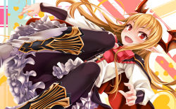 Rule 34 | 10s, 1girl, bat wings, black pantyhose, blonde hair, blush, boots, bow, cape, fang, frilled skirt, frills, granblue fantasy, head wings, highres, long hair, long sleeves, looking at viewer, ogami kazuki, open mouth, pantyhose, pointy ears, red eyes, shingeki no bahamut, skirt, smile, solo, vampire, vampy, wings