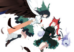 Rule 34 | 2girls, absurdres, animal ears, arm cannon, asymmetrical footwear, bird wings, black bow, black footwear, black hair, blunt bangs, bow, braid, breasts, brown footwear, brown wings, cape, cat ears, cat tail, commentary, dress, extra ears, feathered wings, feathers, fingernails, frilled dress, frilled skirt, frills, full body, green bow, green dress, green skirt, hair bow, high heels, highres, holding hands, interlocked fingers, kaenbyou rin, large breasts, large wings, lips, long hair, long sleeves, looking at viewer, medium breasts, multiple girls, multiple tails, nail polish, nekomata, one eye closed, parted lips, pointy ears, puffy short sleeves, puffy sleeves, red eyes, red hair, red nails, reiuji utsuho, sharp fingernails, shirt, shoes, short sleeves, simple background, skirt, skull, slit pupils, smile, starry sky print, tail, third eye, touhou, twin braids, two tails, weapon, white background, white cape, white shirt, wings, xianjian lingluan