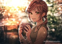 Rule 34 | 1girl, :d, brown hair, cup, dress, earrings, green dress, green eyes, grin, holding, holding cup, jewelry, long hair, long sleeves, looking at viewer, meixallen, mug, open mouth, ponytail, rosa (tears of themis), smile, solo, tears of themis, teeth