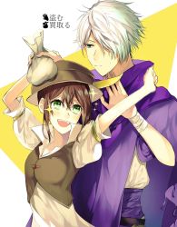 Rule 34 | 1boy, 1girl, bag, brown hair, dress, gloves, gold, green eyes, hair over one eye, hat, highres, octopath traveler, octopath traveler i, open mouth, scarf, short hair, simple background, smile, therion (octopath traveler), tressa (octopath traveler), usako zoku, white hair