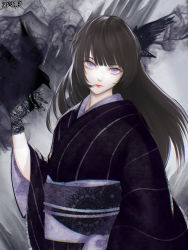 Rule 34 | 1girl, bad id, bad pixiv id, bird, bird on hand, black gloves, black kimono, blue eyes, brown hair, crow, dairoku ryouhei, gloves, grey background, grey theme, japanese clothes, kimono, lace, lace gloves, long hair, looking at viewer, official art, setakezilla, solo, standing, upper body, wide sleeves