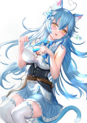 Rule 34 | 1girl, ahoge, animal ear fluff, animal ears, bare arms, blouse, blue bow, blue bowtie, blue hair, blue skirt, blush, bow, bowtie, breasts, cat ears, cat girl, cat tail, cleavage, cleavage cutout, clothing cutout, commentary, corset, fang, feet out of frame, flower, hair between eyes, hair flower, hair ornament, half updo, heart, heart ahoge, himonoata, hololive, large breasts, long hair, looking at viewer, multicolored hair, open mouth, paw pose, shirt, skirt, sleeveless, sleeveless shirt, solo, streaked hair, symbol-only commentary, tail, thighhighs, very long hair, virtual youtuber, white shirt, white thighhighs, yellow eyes, yukihana lamy