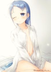 Rule 34 | 1girl, artist name, bare legs, bed sheet, between legs, blue eyes, blue hair, blush, closed mouth, collarbone, collared shirt, commentary request, flat chest, hand between legs, kantai collection, long hair, looking at viewer, mae (maesanpicture), naked shirt, navel, one eye closed, open clothes, open shirt, samidare (kancolle), shirt, sidelocks, simple background, sitting, sleepy, solo, swept bangs, twitter username, very long hair, wariza, white background, white shirt
