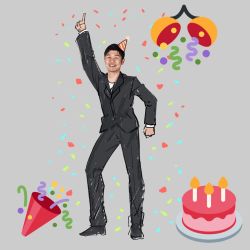 Rule 34 | 1boy, birthday cake, black hair, cake, candle, clenched hand, commentary, confetti, confetti ball, emoji, english commentary, food, formal, grey background, happy birthday, hat, highres, hololive, looking at viewer, male focus, ninomae ina&#039;nis (artist), party hat, photo (medium), photo inset, pointing, pointing up, saturday night fever, simple background, sketch, smile, solo, suit, yagoo