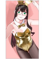 Rule 34 | 1girl, absurdres, animal ears, aqua eyes, arm up, bare shoulders, black hair, black pantyhose, border, breasts, detached collar, fake animal ears, glasses, gold leotard, highres, kantai collection, leotard, long hair, looking at viewer, medium breasts, ojipon, ooyodo (kancolle), pantyhose, parted lips, pink background, playboy bunny, semi-rimless eyewear, solo, white border