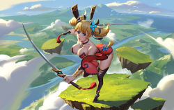 Rule 34 | 1girl, bad id, bad pixiv id, bare shoulders, bent over, black thighhighs, blonde hair, blue eyes, blush, breasts, cleavage, cloud, dual wielding, floating island, highres, holding, holding sword, holding weapon, jun luo, large breasts, leaning forward, looking at viewer, original, parted lips, short twintails, smile, solo, sword, thighhighs, twintails, weapon