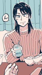 Rule 34 | 2boys, black eyes, black hair, bowl, closed mouth, commentary request, curtains, dated, highres, holding, holding bowl, holding jar, ichijou seiya, indoors, jar, joukyou seikatsuroku ichijou, kaiji, limited palette, long hair, long sleeves, looking at viewer, male focus, medium bangs, multiple boys, murakami tamotsu, pink sweater, pov, smile, solo focus, sweater, table, twitter username, unknown03162, upper body