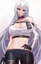 Rule 34 | 1girl, :/, armband, azur lane, bandaged arm, bandages, bare shoulders, black collar, black gloves, black pants, breasts, buckle, chest strap, cleavage, collar, collarbone, commentary request, cowboy shot, crop top, earrings, gloves, hair between eyes, hand on own hip, highres, jewelry, large breasts, long hair, looking at viewer, marshall k, midriff, mole, mole on body, mole on stomach, mole under eye, multiple straps, navel, pants, police badge, red eyes, sidelocks, silver hair, simple background, snap-fit buckle, solo, sovetskaya rossiya (azur lane), sovetskaya rossiya (the lackadaisical lookout) (azur lane), standing, tank top, torn clothes, torn pants, very long hair, white background, white tank top