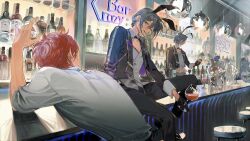 Rule 34 | 3boys, alcohol, amagi rinne, animal ear hairband, animal ears, bar (place), bartender, bishounen, black footwear, black gloves, black jacket, black pants, blue hair, bottle, coattails, collar, collared shirt, commentary, crazy b (ensemble stars!), cup, detached collar, drink, drinking glass, elbow on table, english commentary, ensemble stars!, fake animal ears, gloves, grey eyes, grey hair, grey vest, hair between eyes, hairband, half gloves, highres, himeru (ensemble stars!), holding, holding drink, indoors, jacket, leaning forward, long sleeves, male focus, male playboy bunny, midriff, mirror, multiple boys, on stool, open clothes, open jacket, open mouth, pants, pectoral cleavage, pectorals, pouring, rabbit ear hairband, rabbit ears, red hair, reflection, sanmuyun, shiina niki, shirt, shoes, short hair, short hair with long locks, sitting, sitting on table, sleeves rolled up, smile, teeth, vest, white collar, white shirt, wine, wine bottle, wine glass