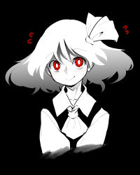 Rule 34 | 1girl, berusuke (beru no su), black background, black vest, blending, blush, bright pupils, commentary request, cropped torso, floating hair, flying sweatdrops, hair ribbon, looking at viewer, medium hair, monochrome, red eyes, ribbon, rumia, shirt, simple background, smile, solo, spot color, sweat, touhou, upper body, vest, white pupils, white shirt