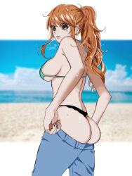 Rule 34 | 1girl, ass, breasts, day, denim, highres, huge ass, jeans, large breasts, long hair, nami (one piece), one piece, pants, ponytail, solo, sweat, thong, wet