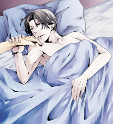 Rule 34 | 1boy, bed, black hair, blanket, giant killing, male focus, on bed, open mouth, pillow, topless male, short hair, solo, yoshida luigi
