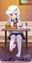 Rule 34 | 10s, 1girl, artist name, blue eyes, burger, commentary request, cup, dated, disposable cup, feet, film grain, flat cap, food, french fries, hat, head rest, hibiki (kancolle), highres, indoors, kantai collection, long hair, neckerchief, no shoes, pantyhose, pleated skirt, sailor collar, school uniform, serafuku, shoes, unworn shoes, sitting, skirt, smile, soles, solo, toes, tsubasa tsubasa, wcdonald&#039;s, white hair, white pantyhose