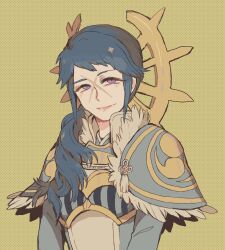 Rule 34 | armor, blue hair, cross scar, facing viewer, fire emblem, highres, japanese armor, japanese clothes, long hair, looking at viewer, masterpidies, nintendo, purple eyes, reina (fire emblem), scar, scar on face, side ponytail, upper body, yellow background