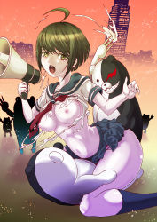 Rule 34 | 1girl, ahoge, arms up, ass, assault, attack, black footwear, blue sky, blue stripes, breasts, brown hair, calf socks, city, city lights, cityscape, claws, cleavage, crying, crying with eyes open, danganronpa (series), danganronpa another episode: ultra despair girls, ears, eyebrows hidden by hair, feet out of frame, fingernails, gradient background, green eyes, hands up, highres, holding, holding megaphone, holding weapon, implied penetration, kneeling, knees, medium breasts, medium hair, megaphone, monokuma, multicolored clothes, multicolored shirt, naegi komaru, navel, nipples, nose, open mouth, palms, pink background, pleated skirt, rape, red scarf, rurukichi, sailor collar, sailor shirt, scarf, shiny skin, shirt, short-sleeved shirt, short sleeves, simple background, skirt, sky, striped clothes, striped shirt, tearing clothes, tears, teeth, torn clothes, torn shirt, upper teeth only, weapon