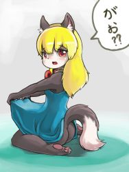 Rule 34 | 1girl, akuma gaoru, animal ear fluff, animal ears, animal feet, ass, bare shoulders, barefoot, black fur, blonde hair, blue dress, blush, body fur, bow, bowtie, clothes lift, dog ears, dog girl, dog tail, dress, dress lift, fang, feet, female focus, from behind, full body, furry, furry female, futaba channel, grey background, japanese text, lifting own clothes, light blush, long hair, looking at viewer, looking back, no panties, nose blush, nousen, open mouth, outstretched arms, pawpads, red bow, red bowtie, red eyes, simple background, sitting, sleeveless, sleeveless dress, solo, speech bubble, tail, talking, translated, two-tone fur, wariza, white fur
