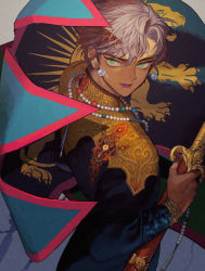 Rule 34 | 1boy, bead necklace, beads, bracelet, cowboy shot, earrings, embroidery, flag, from above, from behind, green eyes, grey hair, hair between eyes, hand up, holding, holding sword, holding weapon, jewelry, lion print, lips, long sleeves, looking at viewer, looking back, male focus, mumu2126, necklace, original, parted lips, pearl earrings, short hair, sideburns, sidelocks, smile, solo, sword, weapon