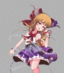 Rule 34 | 1girl, animated, arm cuffs, blunt bangs, blush stickers, bow, chain, cowboy shot, gourd, grey background, hair bow, head tilt, horn ornament, horn ribbon, horns, ibuki suika, light brown hair, long hair, low-tied long hair, neck ribbon, open mouth, orange eyes, purple ribbon, purple skirt, red bow, red ribbon, ribbon, ribbon-trimmed skirt, ribbon trim, shen li, simple background, skirt, sleeveless, solo, touhou, ugoira
