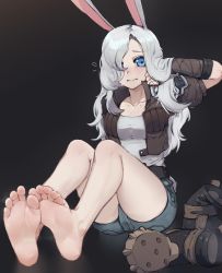 Rule 34 | 1girl, animal ears, arm wrap, armor, barefoot, belt, blue eyes, boots, breasts, cleavage, commentary, cropped jacket, english commentary, feet, fingerless gloves, foot focus, foreshortening, gloves, grey hair, hair over one eye, hand in own hair, highres, jarael (rayer), k-rha&#039;s, knees, legs, original, rabbit ears, rabbit girl, rabbit tail, revision, shoes, short shorts, shorts, shoulder armor, soles, steam, sweatdrop, tail, tank top, toenails, toes, unworn boots, unworn shoes