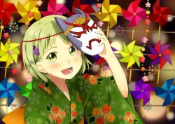 Rule 34 | 10s, 1girl, bad id, bad pixiv id, blonde hair, female focus, flower, green eyes, hair ornament, huang baoling, japanese clothes, mask, mirin (youton jou), obi, open mouth, origami cyclone, pinwheel, sash, short hair, smile, solo, tiger &amp; bunny