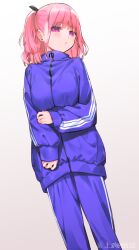 Rule 34 | 1girl, blue track suit, blush, earrings, feet out of frame, gradient background, hair ornament, hand on own arm, highres, ishikawa mami, jacket, jewelry, looking at viewer, medium hair, non-web source, original, pants, pink eyes, pink hair, solo, stud earrings, track jacket, track pants, track suit, two side up