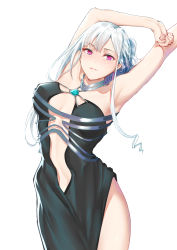 Rule 34 | 1girl, absurdres, ak-12 (girls&#039; frontline), ak-12 (quiet azure) (girls&#039; frontline), arm above head, armpits, arms up, bare shoulders, black dress, blush, breasts, c.rabbit, center opening, clenched hand, commentary, cowboy shot, dress, girls&#039; frontline, halter dress, halterneck, head tilt, highres, jewelry, large breasts, long hair, looking at viewer, official alternate costume, open mouth, outstretched arm, pelvic curtain, pendant, pink eyes, ponytail, ribbon, side slit, silver hair, simple background, smile, solo, tagme, teeth, thighs, white background, white ribbon