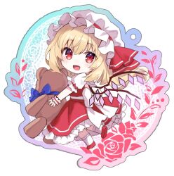 Rule 34 | 1girl, blonde hair, bobby socks, chibi, flandre scarlet, floral background, frilled skirt, frilled sleeves, frills, from side, full body, hat, hat ribbon, head tilt, holding, holding stuffed toy, kure~pu, leaf, long hair, mob cap, one side up, open mouth, puffy short sleeves, puffy sleeves, red eyes, red footwear, red ribbon, red skirt, red vest, ribbon, ribbon-trimmed headwear, ribbon trim, rose background, shirt, shoe soles, short sleeves, simple background, skirt, skirt set, sleeve ribbon, socks, solo, stuffed animal, stuffed toy, teddy bear, touhou, vest, white background, white hat, white shirt, white socks, wings, wrist cuffs
