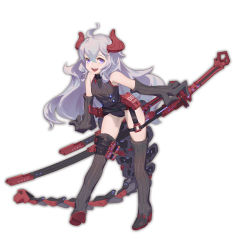 Rule 34 | 1girl, ahoge, bare shoulders, black thighhighs, dragon girl, gloves, grey hair, highres, horns, katana, long hair, mecha musume, mechanical tail, open mouth, original, purple eyes, ribbed legwear, scabbard, sheath, sheathed, simple background, smile, solo, sunligh mao, sword, tail, teeth, thighhighs, tongue, upper teeth only, weapon, white background
