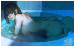 Rule 34 | 1boy, 1girl, ass, bald, bath, black hair, breasts, completely nude, copyright name, cunnilingus, fubuki (one-punch man), green eyes, hetero, highres, hu dako, lips, medium breasts, mixed-sex bathing, nude, one-punch man, oral, partially submerged, patreon username, saitama (one-punch man), shared bathing, short hair, water